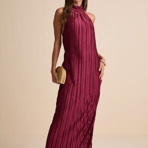 Lulus Gwenny Burgundy Satin Plisse Maxi Dress Red - Size L